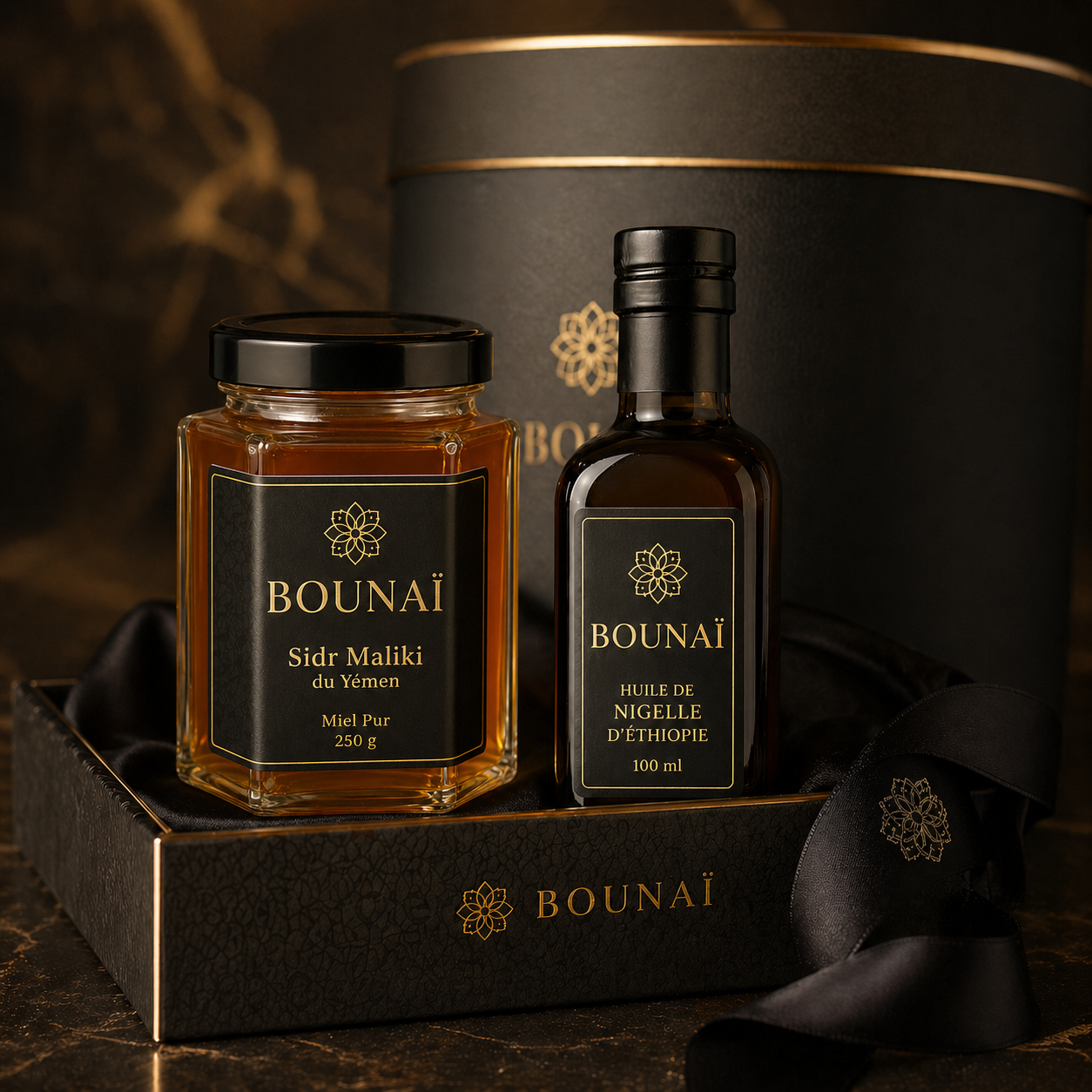 Coffret Rituel Bounaï — Miel de Sidr + Huile de Nigelle, Le Duo Fondateur