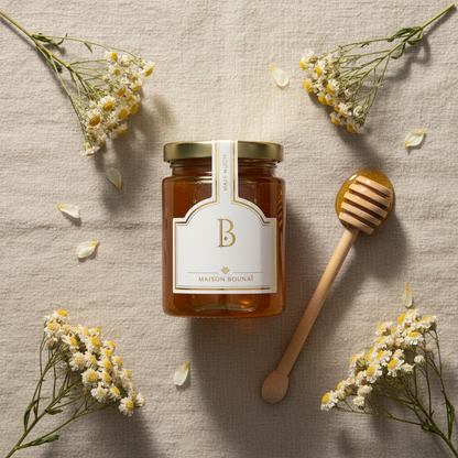 Miel de Sidr Maliki — flat lay lin naturel fleurs séchées